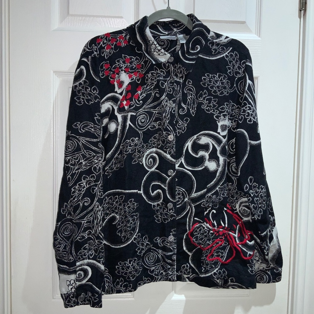 Chico’s linen blend embroidered jacket Sz 1 (Sz 8)